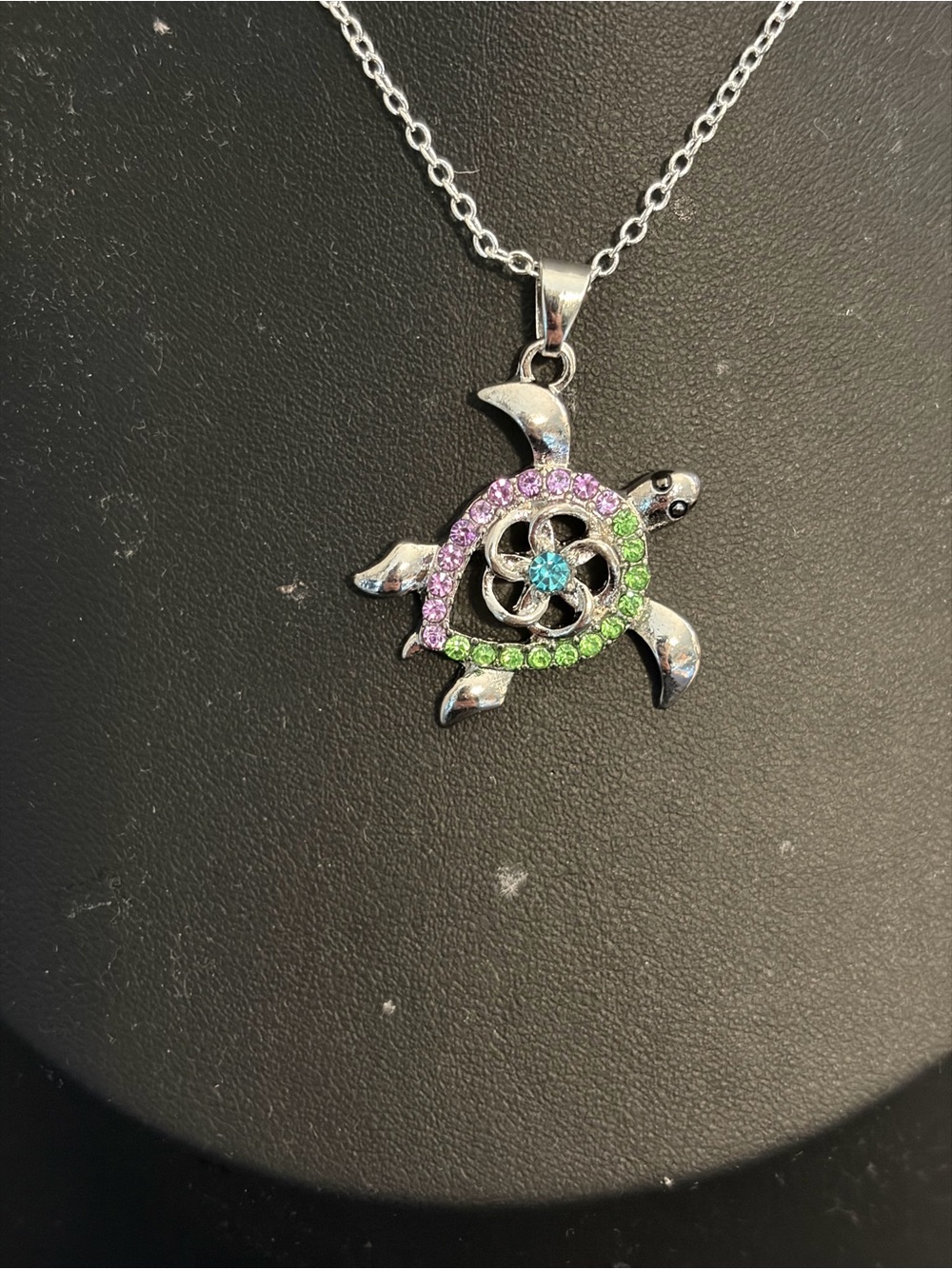 Silver Turtle Pendant Necklace with Pink, Green & Blue Crystals